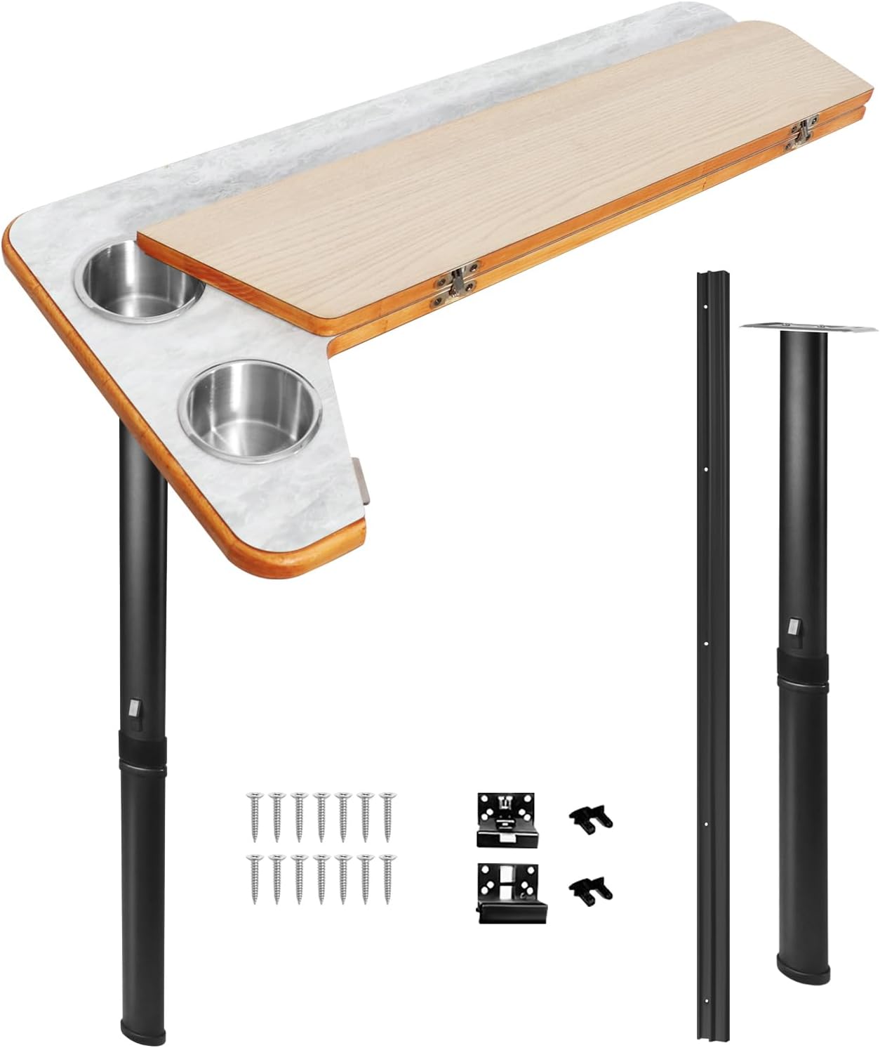 RV Foldable White Contour Tabletop with Cupholders, 31.5"x15.4" Expandable Desktop, Adjustable Aluminum Legs Kit for Camper Van Boat (Black)
