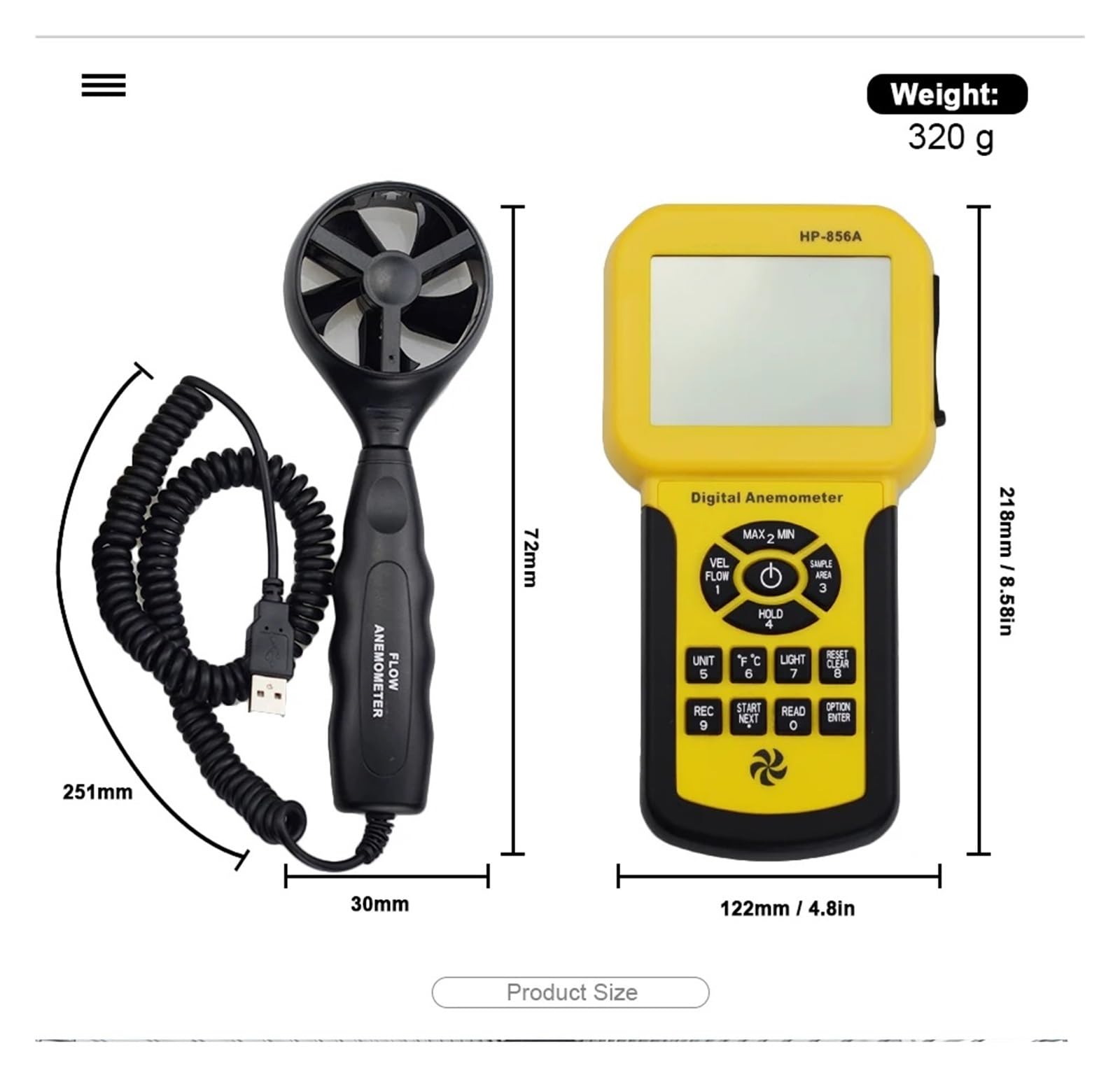856A Digital Wind Speed Air Volume Meter Anemometer USB/Handheld with Data Logger and Carry Case