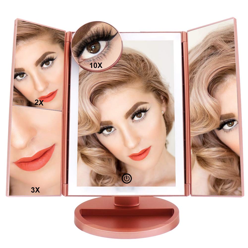 FASCINATE Lighted Makeup Mirror, Tri-fold Vanity Mirror with 36 LEDs Lights and 2X/3X/10X Magnification, Touch Screen Dimming, Dual Power Supply, 180°Rotation Light Up Mirror (Rose Gold)