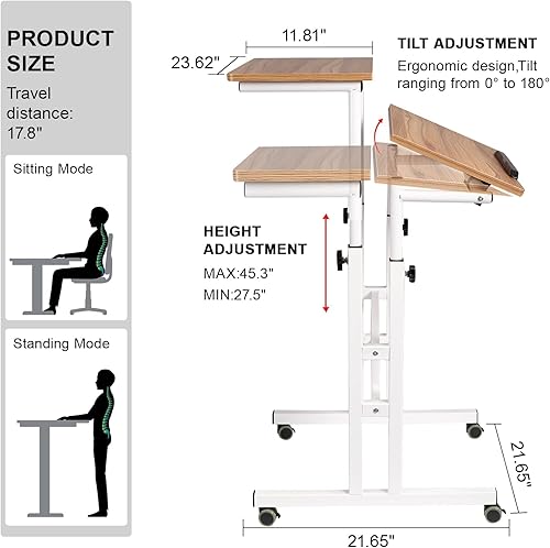 Miniatura 26 de Hadulcet Escritorio móvil de pie con estación de carga, escritorio ajustable para computadora de pie, carrito ajustable para laptop con ruedas para