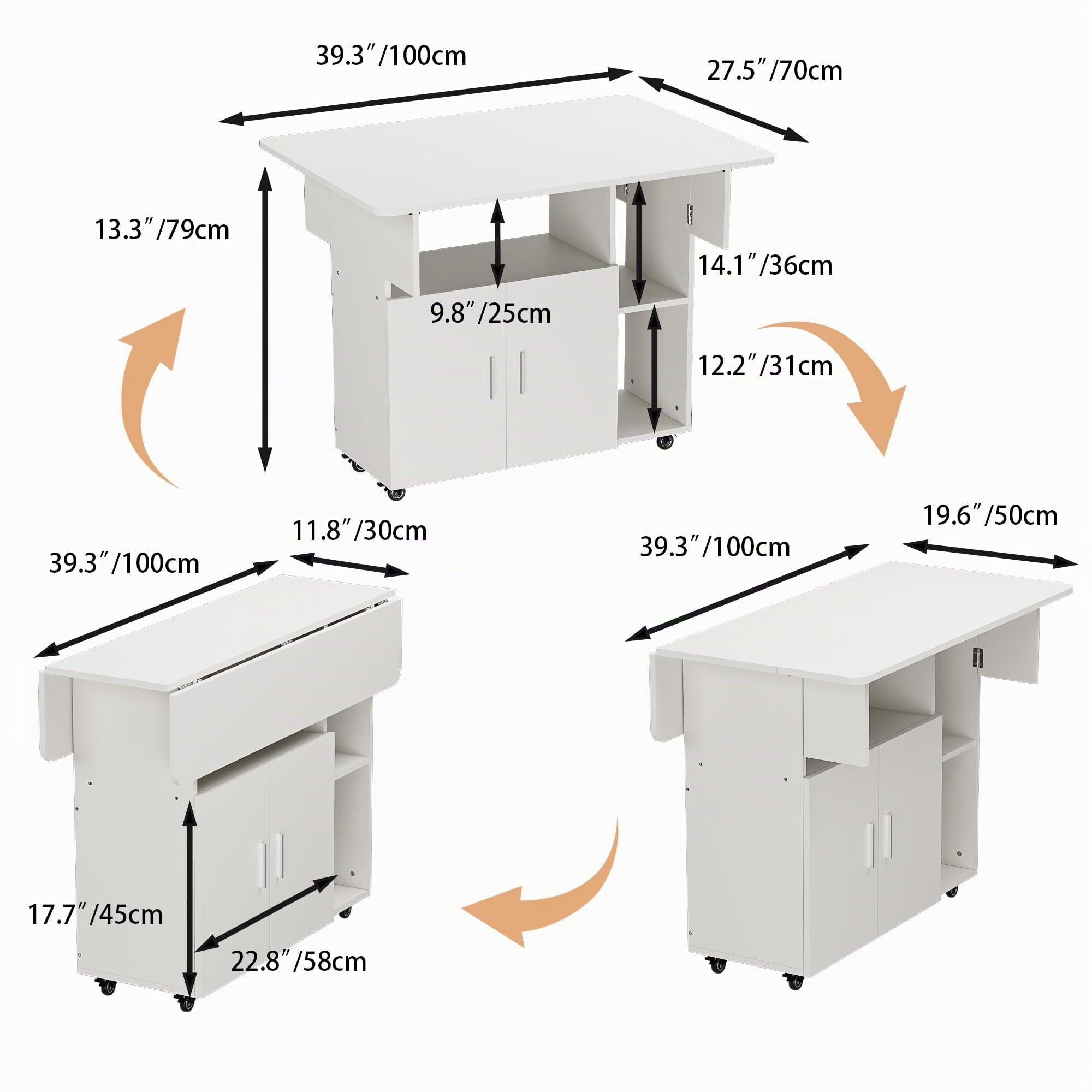 Table à Manger Pliante, Mobile Table de Cuisine avec roulettes pour 6 Personnes avec 1 Grande Armoire et 3 Compartiment Ouvert, pour Petits espaces, Salle à Manger, 100 x 70 x 79 cm Blanc