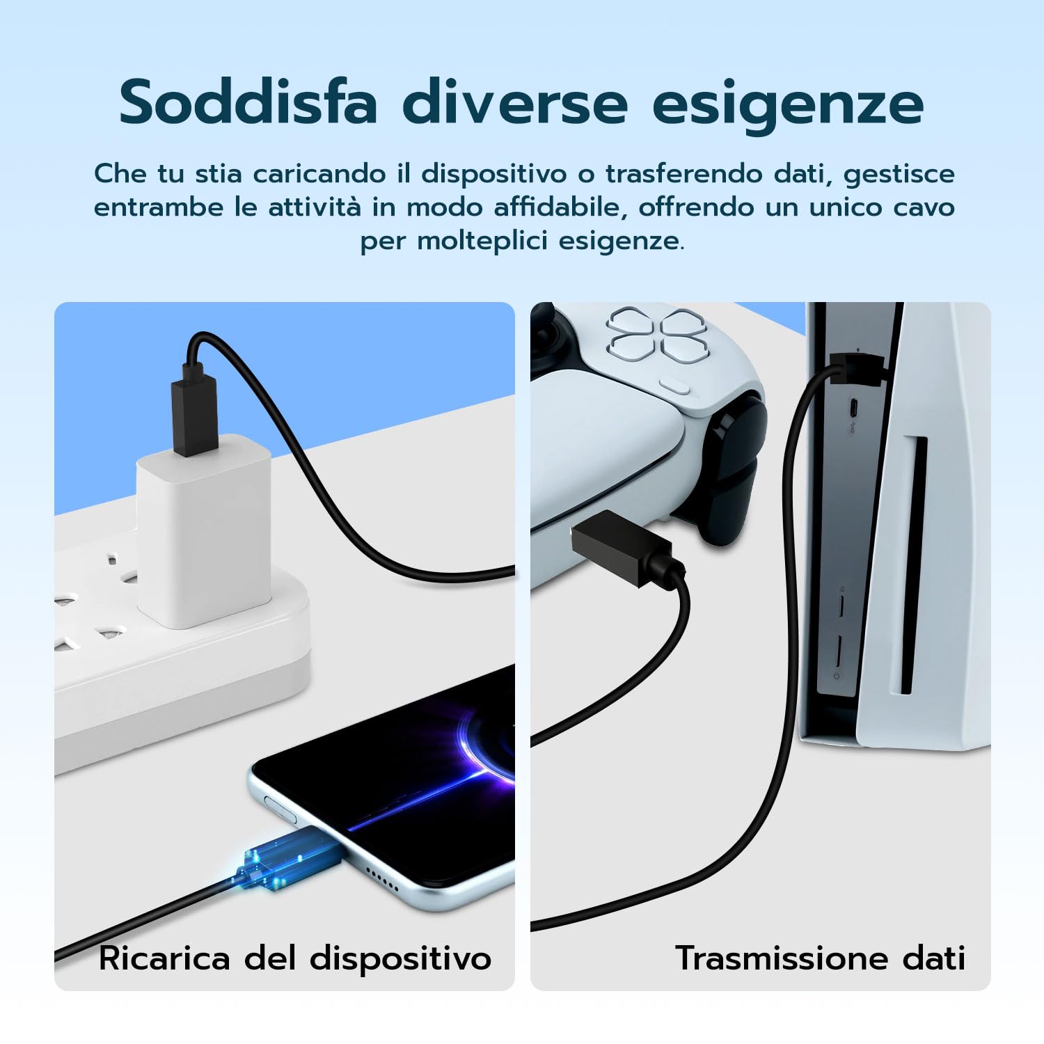 Tolesum Cavo PS5 Controller,3 Metri Ricarica Cavo USB-C-USB Type C per Joystick PS5/Playstation 5/PS5 Dual Sense/Xbox Series X/Series S e Smartphone-Consente il Trasferimento dei Dati