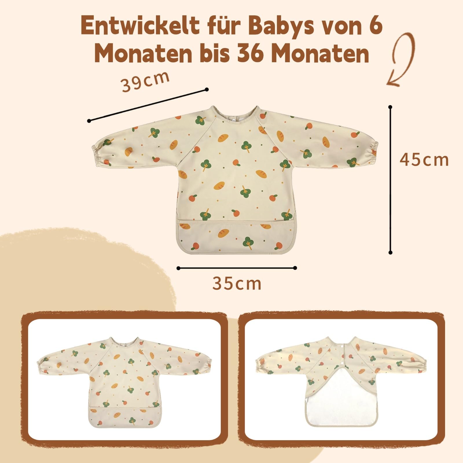 Baby Lätzchen mit Ärmeln & BLW, 2 Pcs PU Wasserdicht Abwaschbar Ärmellätzchen, Ganzkörper Lätzchen Baby für 6-36 Monate Jungen Mädchen (Dinosaur & Breadfruit)