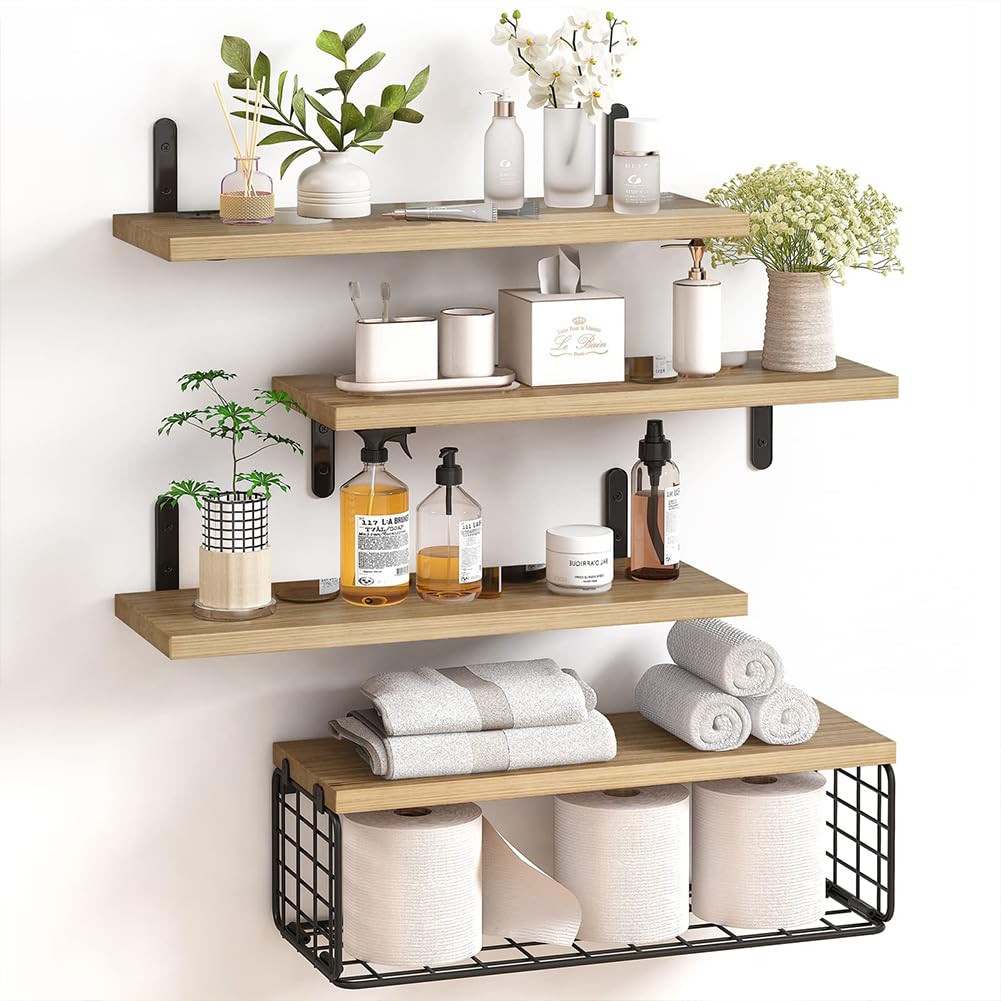BAKAJI Set 4+1 Mensole da Parete in Legno Massiccio, Scaffali a Muro Multiuso, Staffe e Cestino in Metallo, Scaffalatura per Camera da Letto, Soggiorno, Cucina, Bagno, Libreria, Salvaspazio (Quercia)