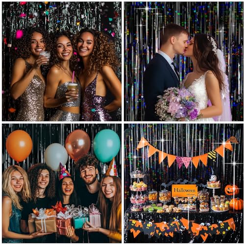 Image of 4 Packs Black Foil Fringe Curtain, Glitter Metallic Tinsel Backdrop for Birthday, Wedding, Bridal Shower, Halloween, Gold and Black Party Decorations Supplies