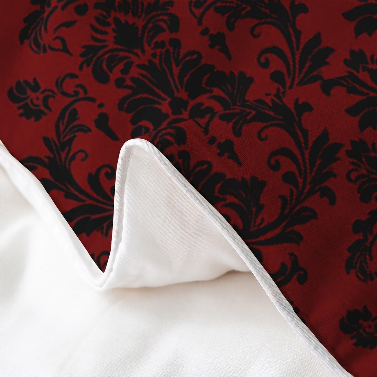 Red Black Damask 100% Nature Cotton Kids Duvet Cover Queen Size 3pcs,Vintage Gothic Lace Floral Print Reversible Bedding Set with 2 Pillowcases,Antique Victorian Baroque Boho Style Quilt Cover