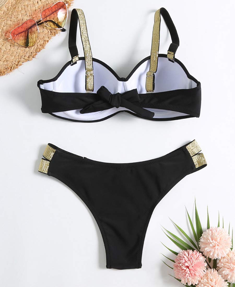 JFAN Traje de Baño de Mujer Cinturón Dorado Acolchado Bra Tops de Bikini Conjunto de Bikini de Color Liso Push Up Swimwear Dos Piezas Trajes de Baño Divididos