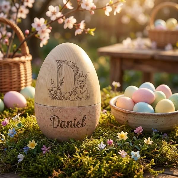 Personalized Bunny Floral Wooden Easter Egg with Name and Initial, Reusable Large Hollow Speckled Easter Keepsake, Basket Filler, Easter Gift for Kids - 3