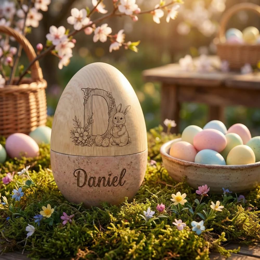Personalized Bunny Floral Wooden Easter Egg with Name and Initial, Reusable Large Hollow Speckled Easter Keepsake, Basket Filler, Easter Gift for Kids — view 3