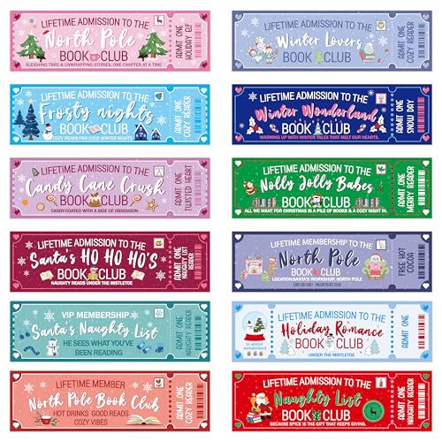 240 Pcs Christmas Book Club Ticket Bookmarks Cute Christmas Pattern Bookmark Xmas Reading Page Markers with Santa Reindeer Winter Holiday Gifts for Book Lover School Student Teacher Reader Library
