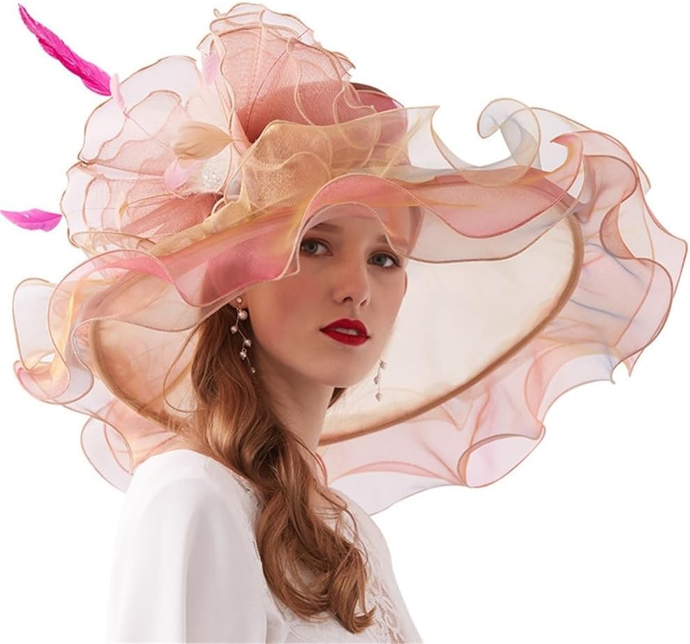 Ladies Elegant Organza Hat Women's Adjustable Organza Hat Spring Summer Outdoor Big Brim Hat Hats(Colour 1)
