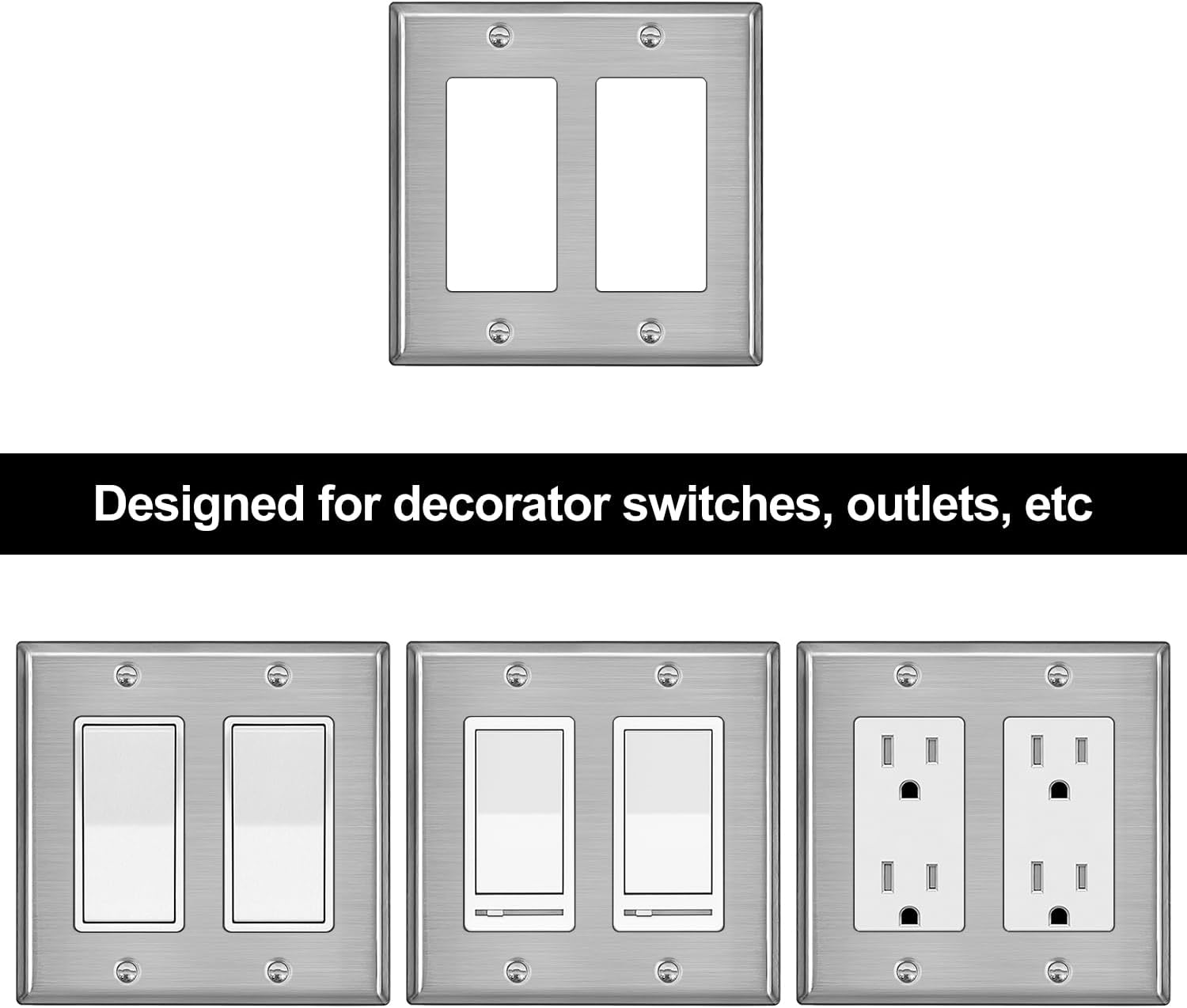[5 Pack] BESTTEN 2 Gang Decor Metal Wall Plate with Plastic Film, Decorator Stainless Steel Outlet Cover, Durable Corrosion Resistant Industrial Grade Material, H4.53” x W4.57”, Brushed Finish, Silver