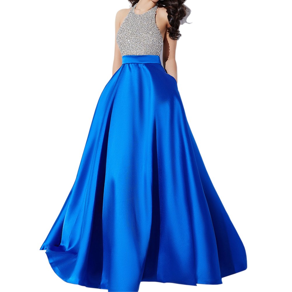 Andybridal Satin Prom Dress Halter Beaded Sequins Backless Long Evening Dresses, Royal Blue, 2