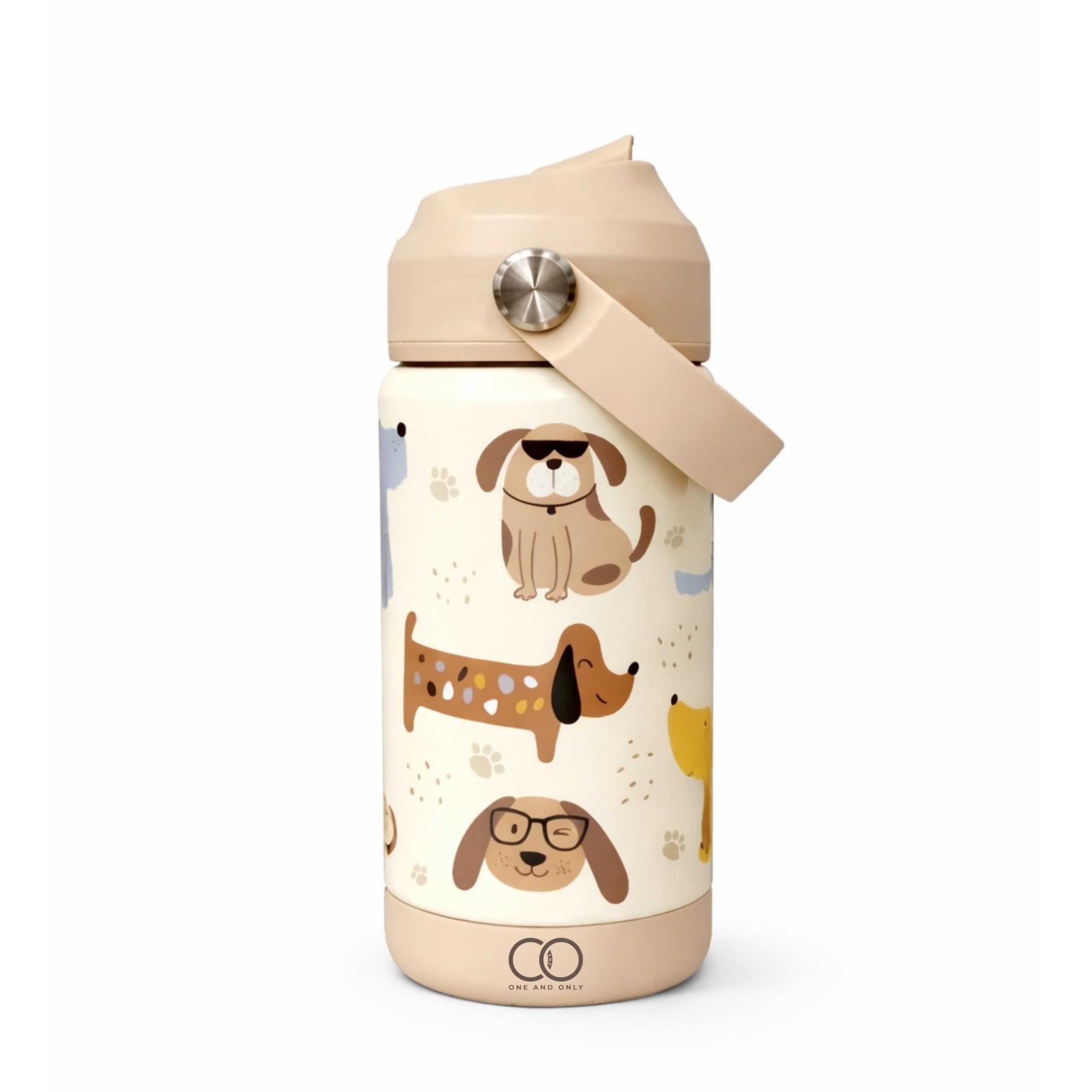 ONE AND ONLY Kids Stainless Steel Water Bottle 350ml with Soft Spout & Silicone Handle | BPA Free Leak Proof School Sipper Bottle for Boys & Girls | Dog Cartoon Print (Brown)