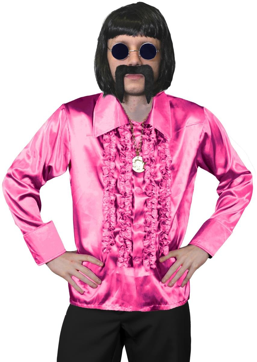 Mens 70s Disco Fancy Dress Costume - Mens Black Bob Wig, Pink Disco Shirt, Gold Medallion, Blue Coloured Glasses + Black Moustache - Funky Fancy Dress Costume - Pink Shirt (Small)