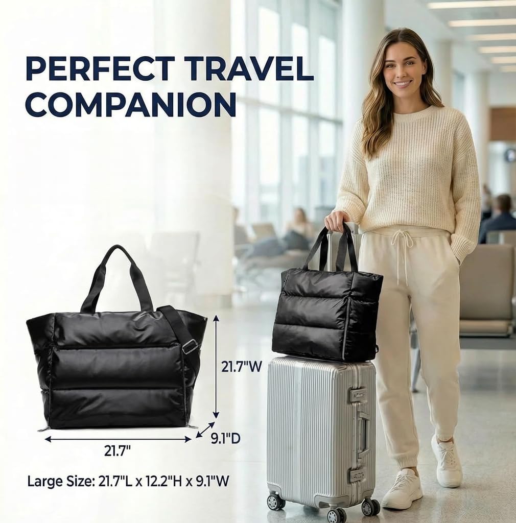 Large Tote Bag for Women, Lightweight Travel Tote Handbags, Puffer Tote Bag with Zipper, Yoga Bags Quilted Work Bag
