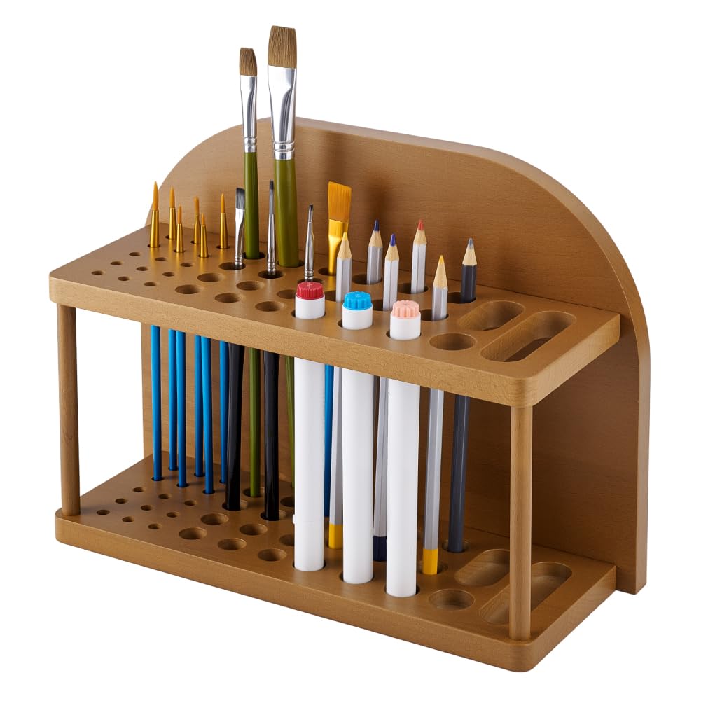 PH PandaHall Porta pennelli con 39 scomparti in legno per pennelli da pittura, organizer per penne, matite, per pittura, forniture artistiche, casa, ufficio, scuola, scrivania, organizzazione