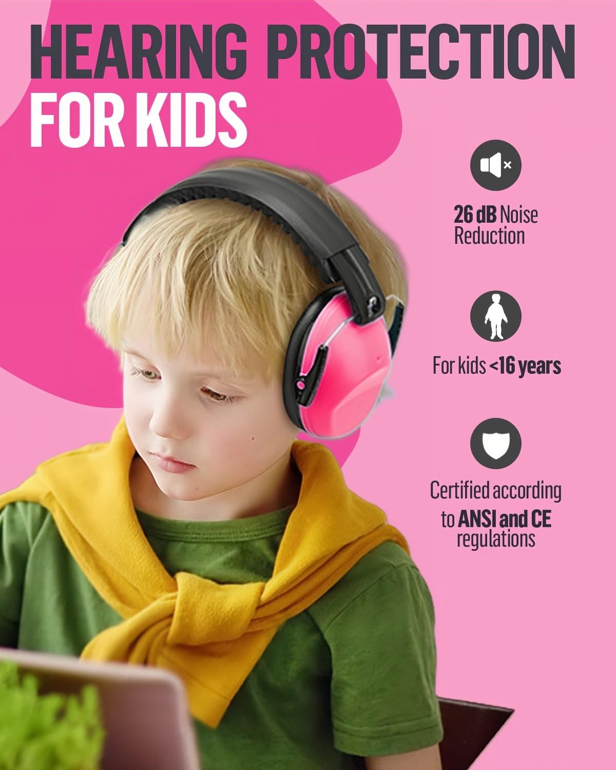 SHOCHX Ear Defenders Children 3-16 Years, SNR 27dB Noise Cancelling Headphones for Kids (Pink) - Image 2