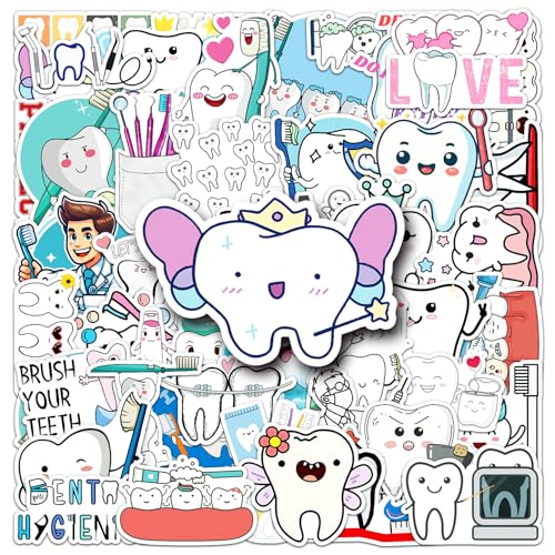 Tooth Stickers,50pcs Vinyl Dental Stickers Tooth Fairy Stickers Decals for Laptop Water Bottle Bumper Luggage Computer Skateboard Snowboard, Gift for Kids Girls Teens Adult