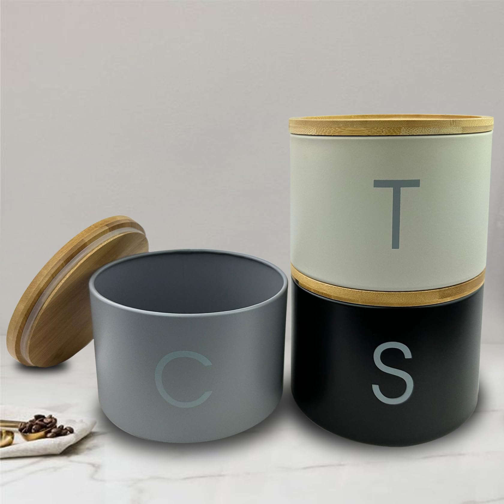 SAFRI 3 Pieces Jar with Wooden Lid Tea Coffee Sugar Canister Storage Container Bowl Pots Kitchen Storage Tins (Black, White & Grey) - Image 3