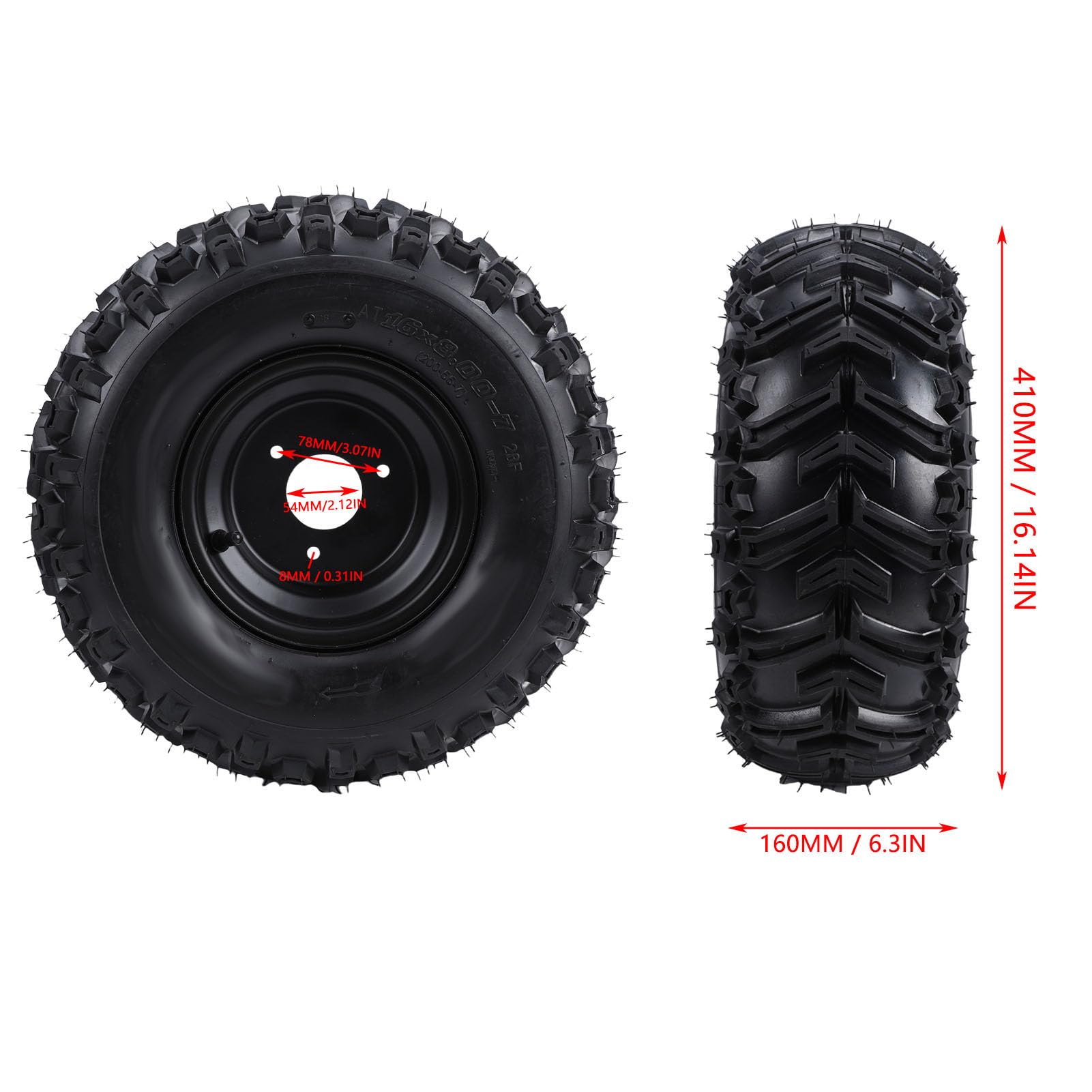Akozon Pneumatico per Ruote 16x8-7 con Cerchione Pneumatico Tubeless Antiforatura per Carrello Fuoristrada ATV UTV Go Kart