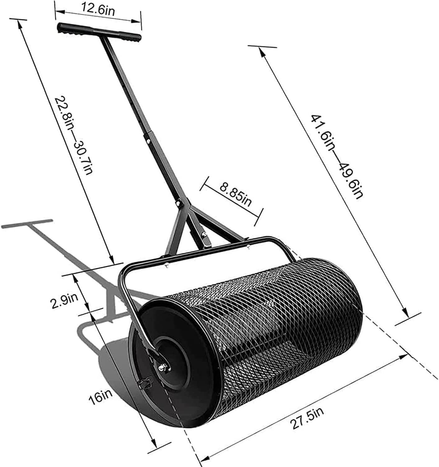 Esparcidor de abono, esparcidor de turba, esparcidor de abono de 27 Pulgadas para césped y jardín, con Mango Largo Ajustable, Rodillo de césped Duradero, para Plantar, sembrar, Negro