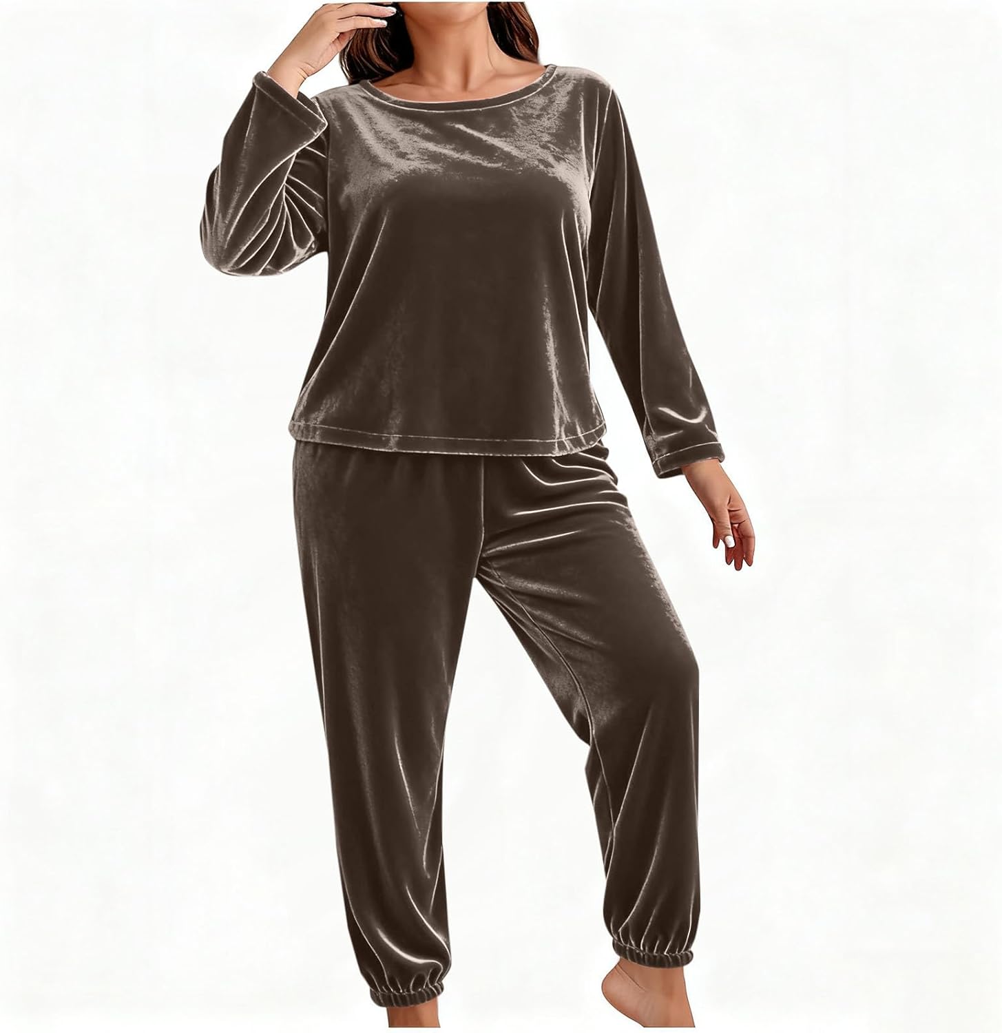 Oplxuo Womens Plus Size Pajama Set Velvet Long Sleeve Sleepwear Spring Round Neck Nightwear Soft Pjs 2 Piece Lounge Sets