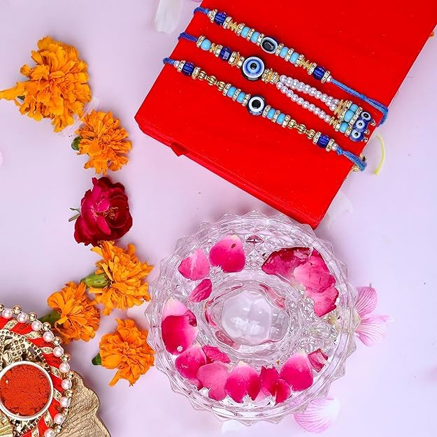 Image of SAUDEEP INDIA Feng Shui Crystal Tortise with Plate for Good Luck with Evil Eye Lumba /Couple Rakhi Set Brother Bhabhi | Turtle for Vastu Home Decor(1 Lumba, 2 Brother)