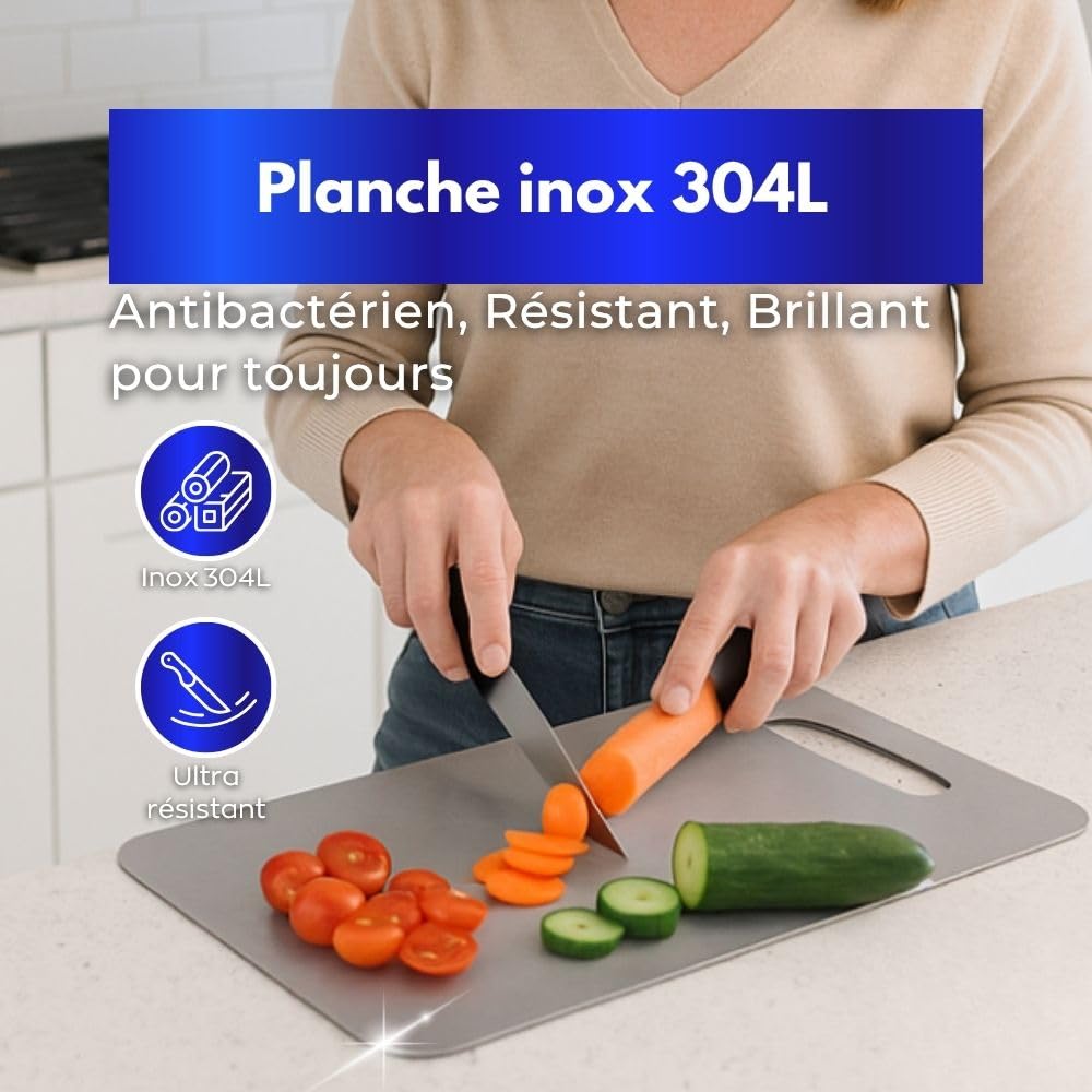 INOXLM Planche à découper en acier inoxydable alimentaire 39 x 28 cm adapté à Haccp, planche à découper de cuisine professionnelle double face et résistante, planche à découper en acier pour cuisine