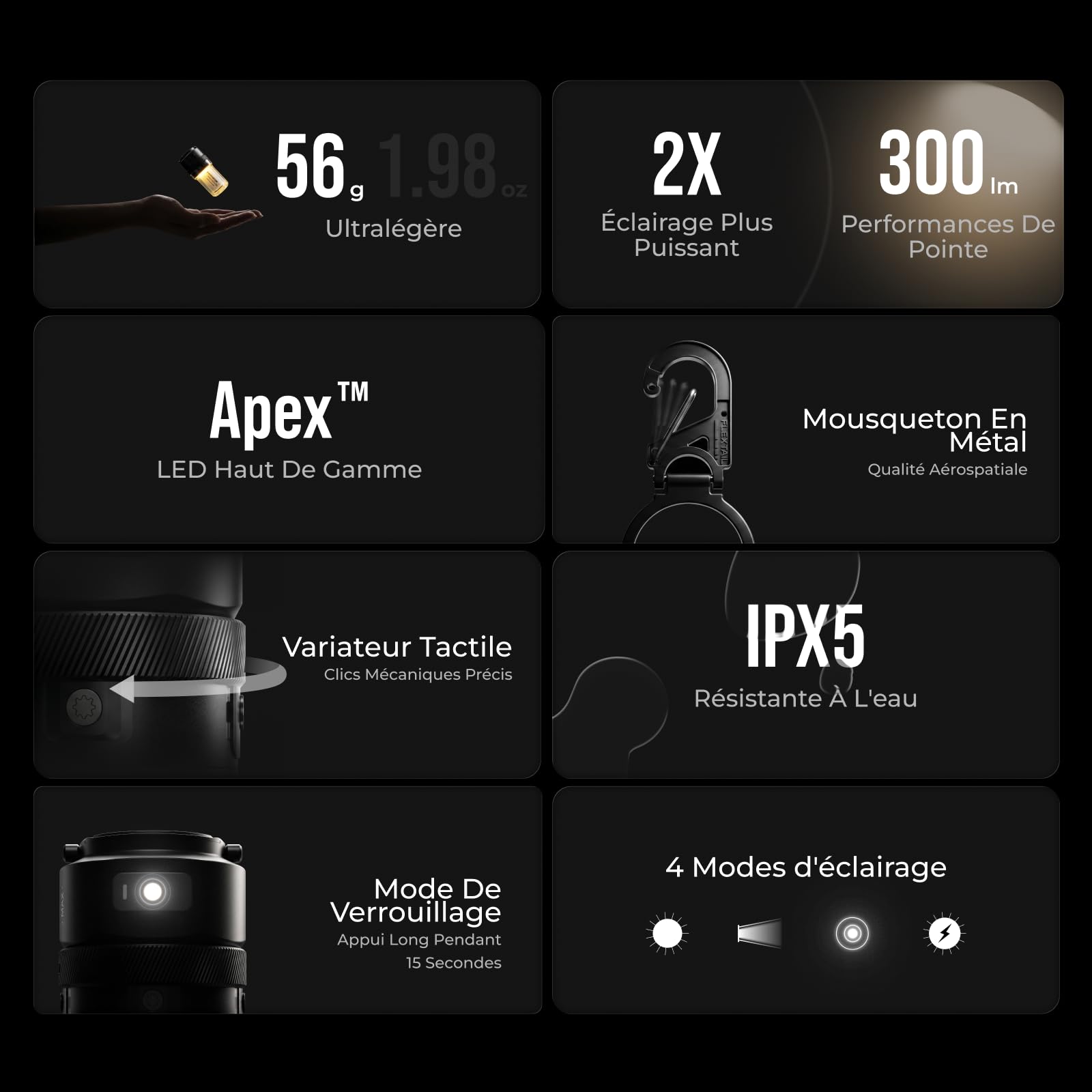 FLEXTAILGEAR Zero Lantern, Lanterne de Camping Portable Ultra-légère (56 g), Rechargeable (1100 mAh), Torche et Lampe de Camping 2 en 1, 4 Modes d'éclairage, 300LM, Accessoire de Camping d'urgence.