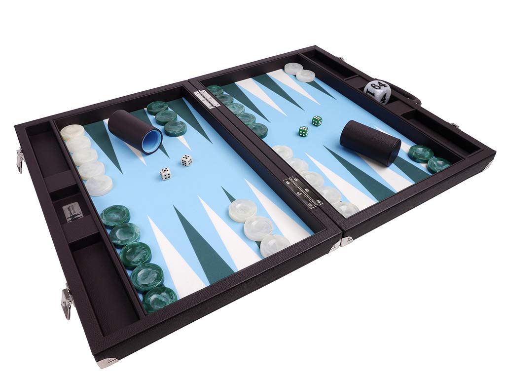 Set Backgammon da torneo da 21", custodia marrone con campo azzurro, edizione Masters