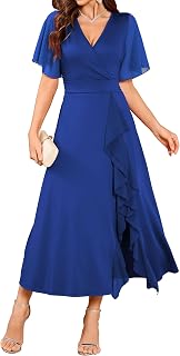 Womens Semi Formal Wedding Guest Dresses V Neck Flared Sleeve Evening Gowns Split Ruffle Party Modest Dress 2025
