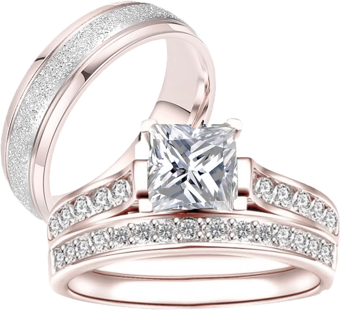 Couple Rings Sets for Him and Her Sterling Silver 10K 14K 18K Gold Personalized 3Pcs Moissanite Wedding Engagement Ring Wedding Band for Men Women Matching Promise Rings for Couples