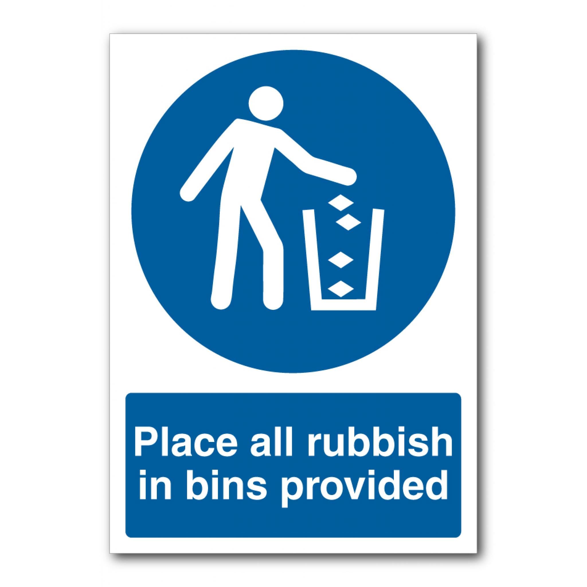 Place All Rubbish In Bins Provided Sign, 12x8 Inch Metal Tin Sign, Hygiene Reminder Sign for Public Areas and Work Sites