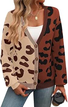 Women's Color Block Leopard Print Button Down Long Sleeve