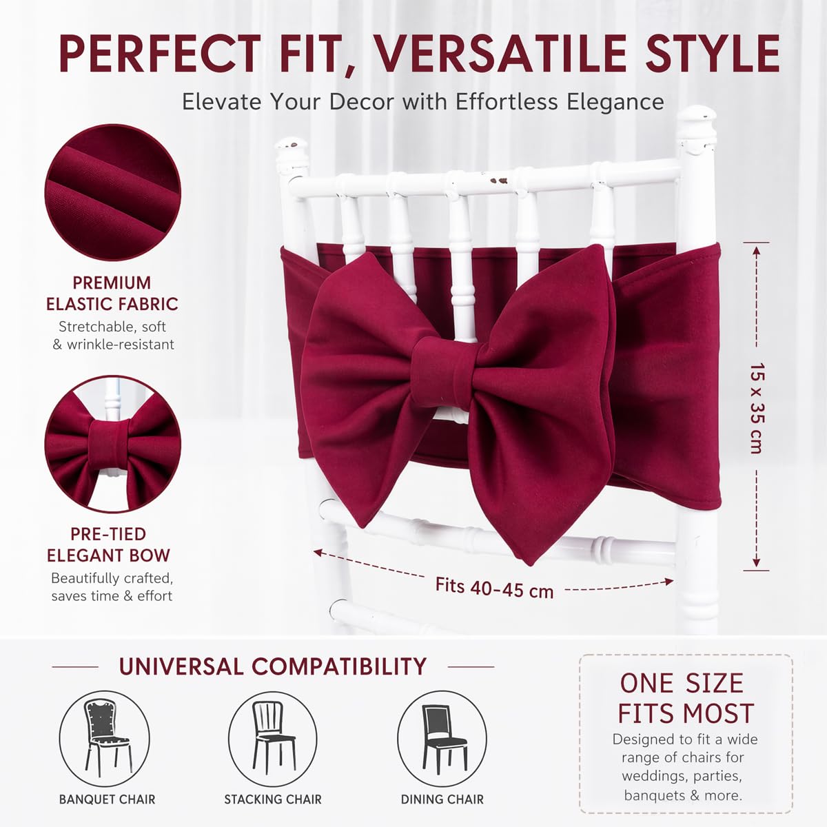 Stuhlschärpe Stuhlschleife Elastisch für Hochzeit Bankett 6 Stück | Elegante Stuhldeko, elastische Passform, samtige Optik, kein Binden nötig, für Hochzeit, Empfang, Festsaal und Events