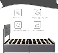 Vista 8 de Base de cama tamaño Queen con 4 cajones de almacenamiento, base de cama tapizada gris con cabecera y listones de madera, no necesita somier (Queen)