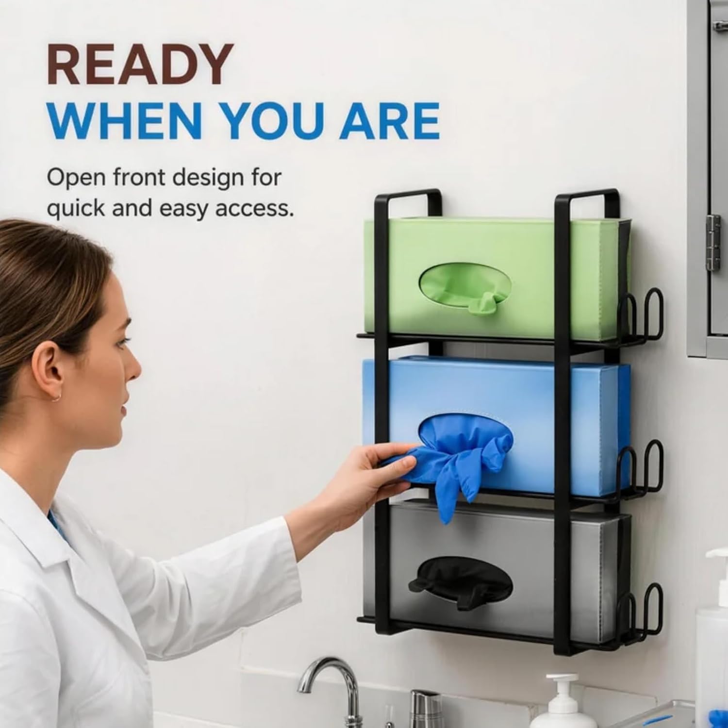 Glove Holder, Glove Dispenser Wall Mount 3-Tier Black Metal Organizer for Disposable Nitrile, Latex & Rubber Gloves, Wall-Mounted Storage Rack for Home, Lab, Kitchen & Medical Use