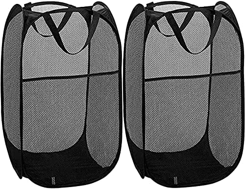 TCHH-DayUp Mesh Pop Up Laundry Hamper Collapsible Laundry Basket with Side Pocket Foldable Large Dirty Clothes Storage Bin for Bedroom Dormitory Camp Travel 2 Packs, Black