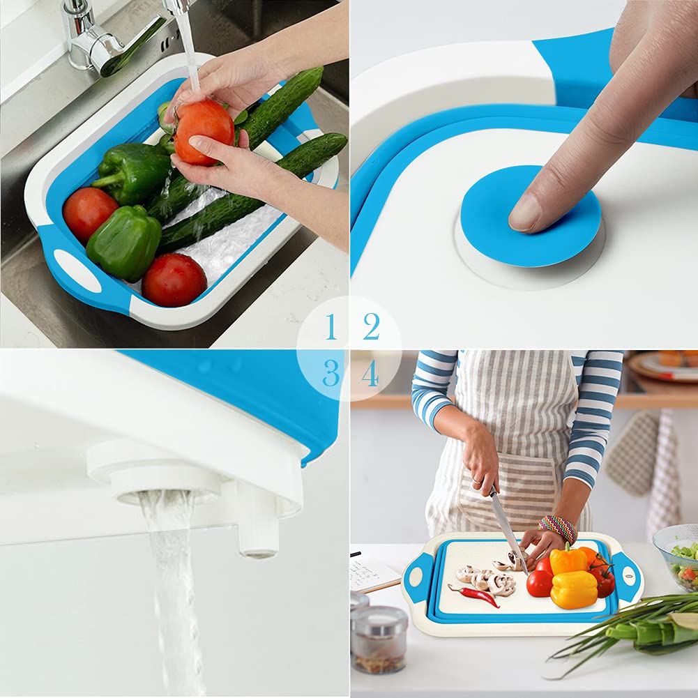 Rottogoon Tabla de cortar plegable, tabla de cortar plegable con colador, cesta multifuncional de cocina para lavar verduras, bandeja de silicona para preparación de barbacoas, pícnic, campamento