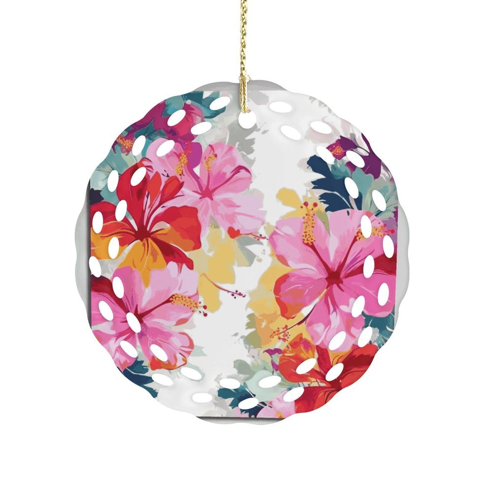Btcowzrv Style Hawaiian Flower Print Ceramic Ornament,Round Ornaments With Hole Easy To Hang,Hanging Ornament For Wedding Party Home Window Garden Christmas Day Decor