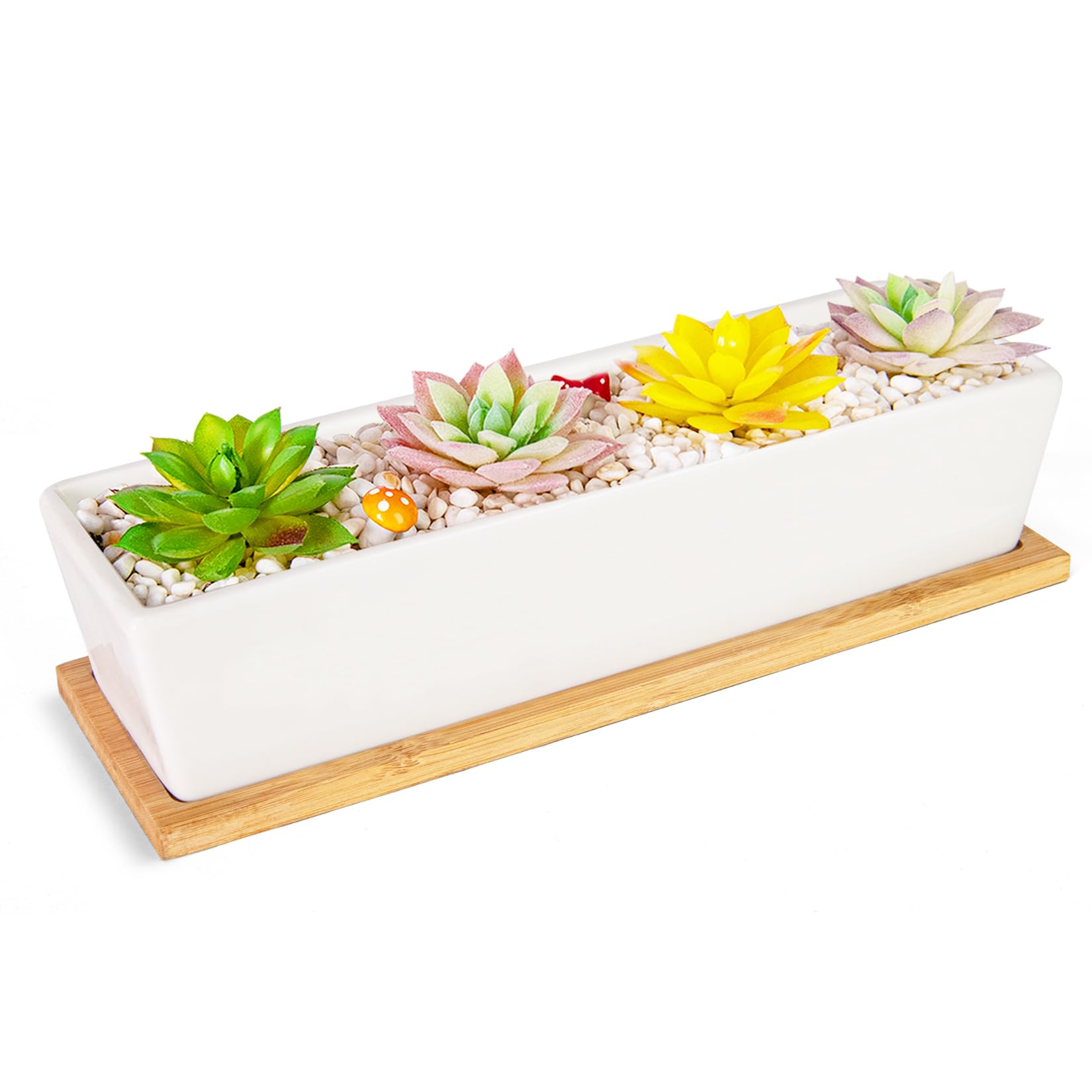 Succulent Pots - 12.1 Inch Large Succulent Pots with Drainage Tray, Window Sill Planter, Long Rectangle Ceramic Pots for Indoor Cactus/Succulent Plants Shallow Bonsai Window Box for Home Garden Decor