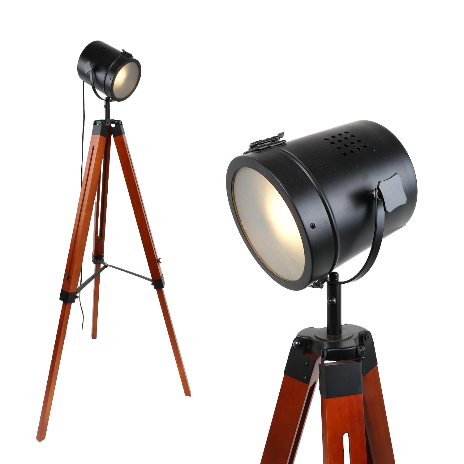 Lámpara de Pie Cinema Trípode de Madera Natural - Cabezal Negro Orientable con Cristal Opaco, Casquillo E27, Estilo Náutico Vintage para Salón Comedor