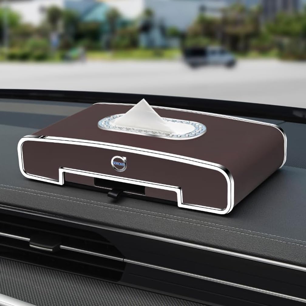 Car Tissue Holders, for Volvo V40 V60 V90 V50 V70 Portable Pumping Paper Napkin Multifunctional Storage Box, Auto Interior Accessories,A Brown
