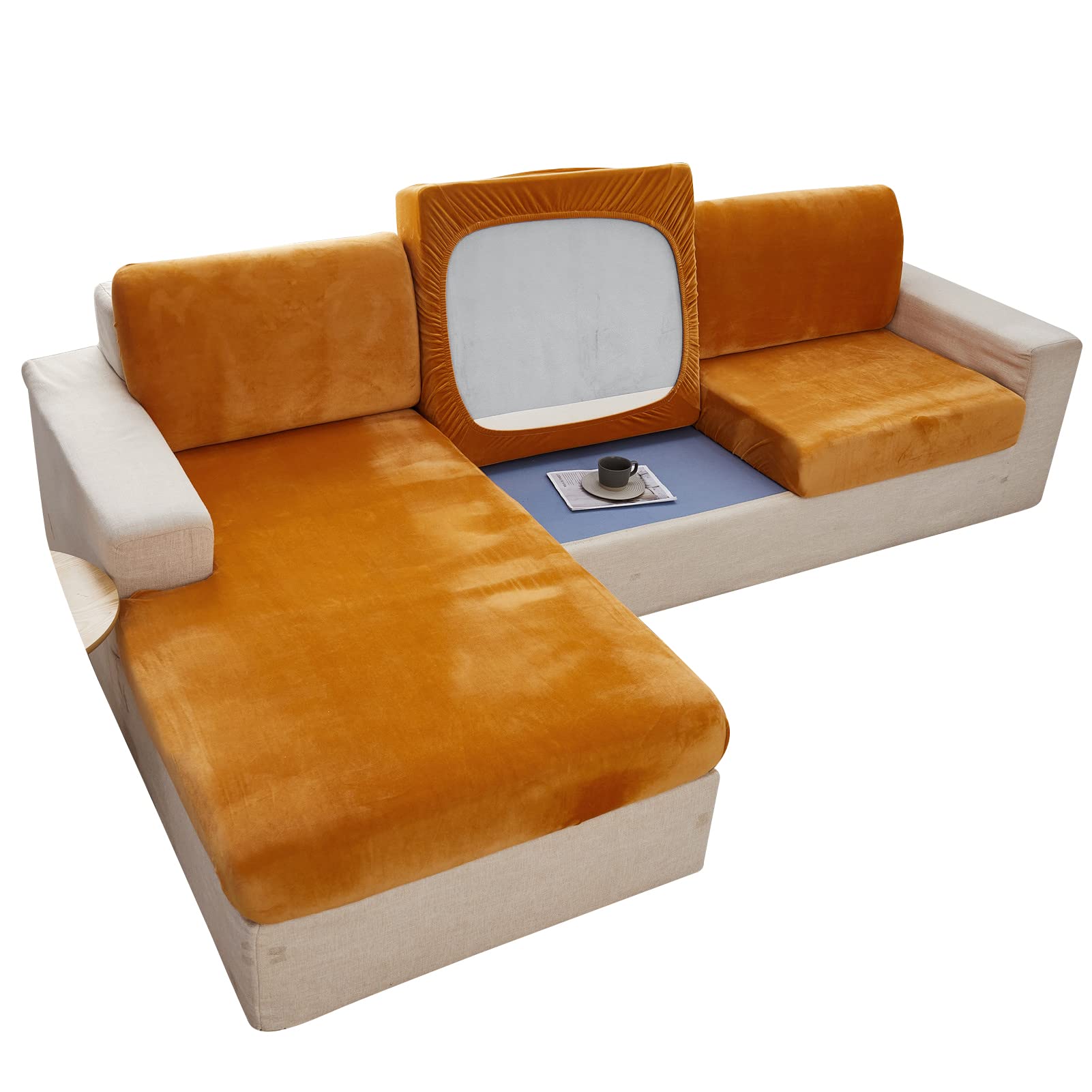Canapé usé ? Housse 3 places velours extensible orange éclatant