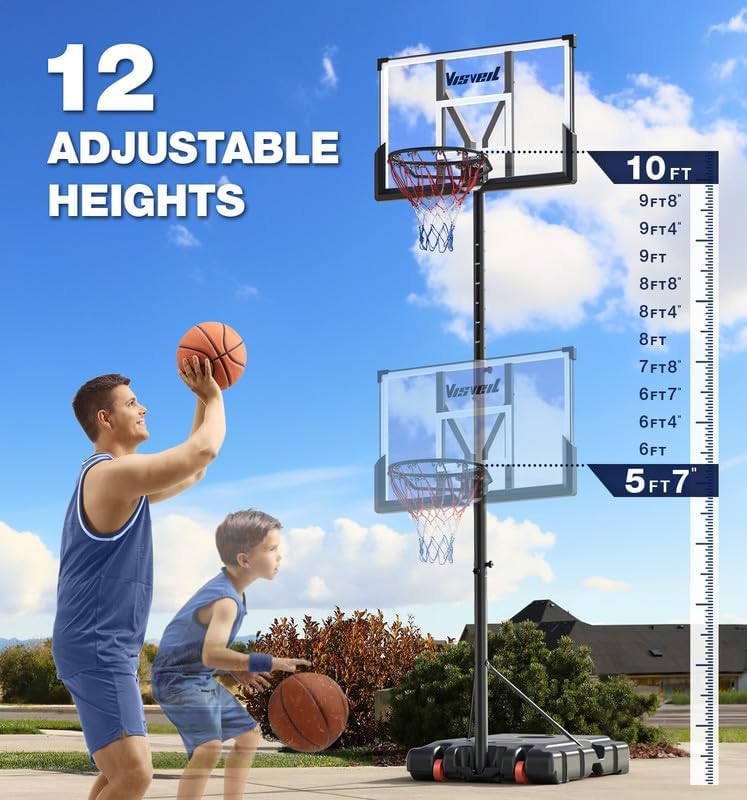 Basketball hoop showing 12 adjustable height settings from 5.7 feet to 10 feet
