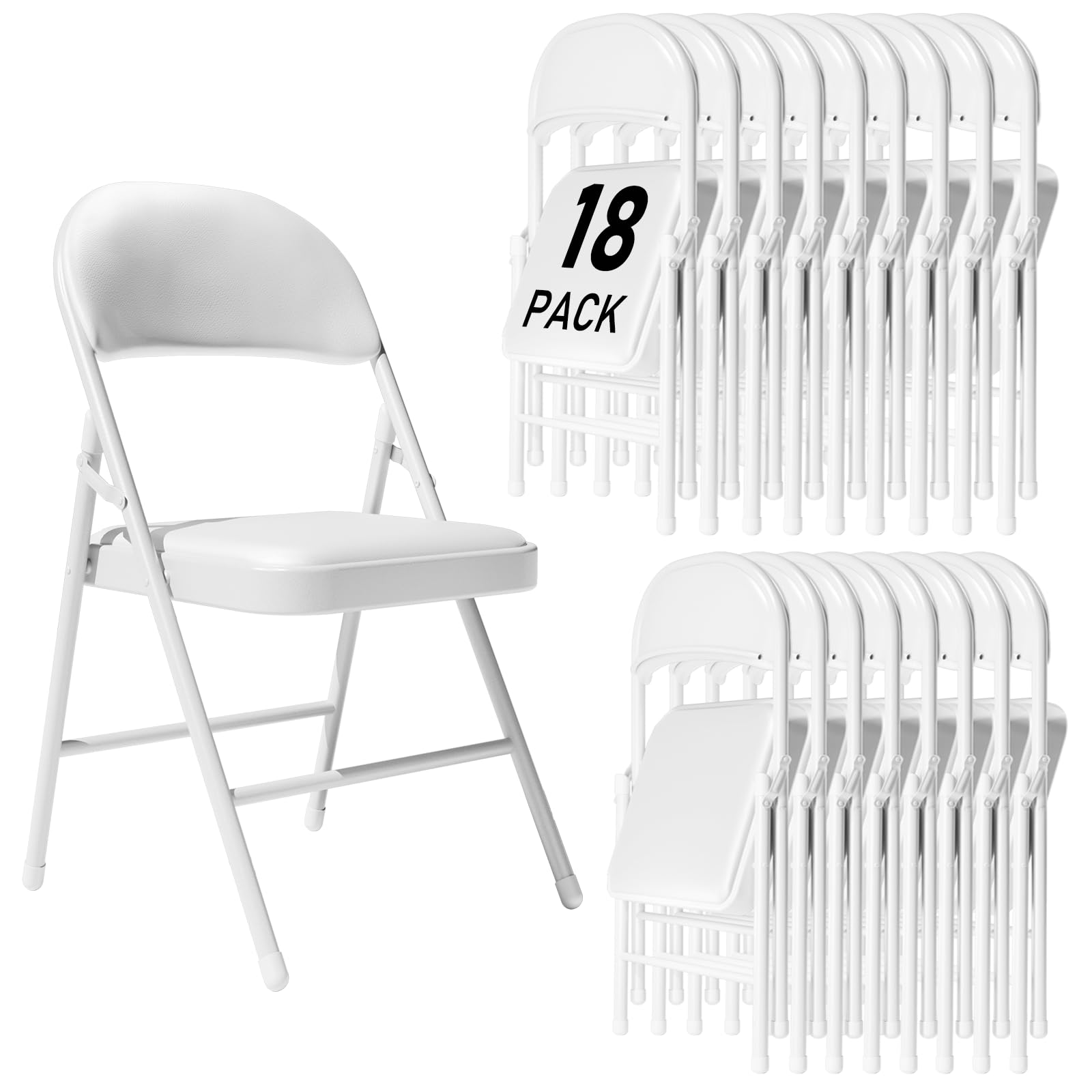 susici 18 Pack White Wedding Folding Chairs - Water-Resistant PU Cushion, Elegant Stackable Design, Commercial Steel Frame (350lbs) for Outdoor