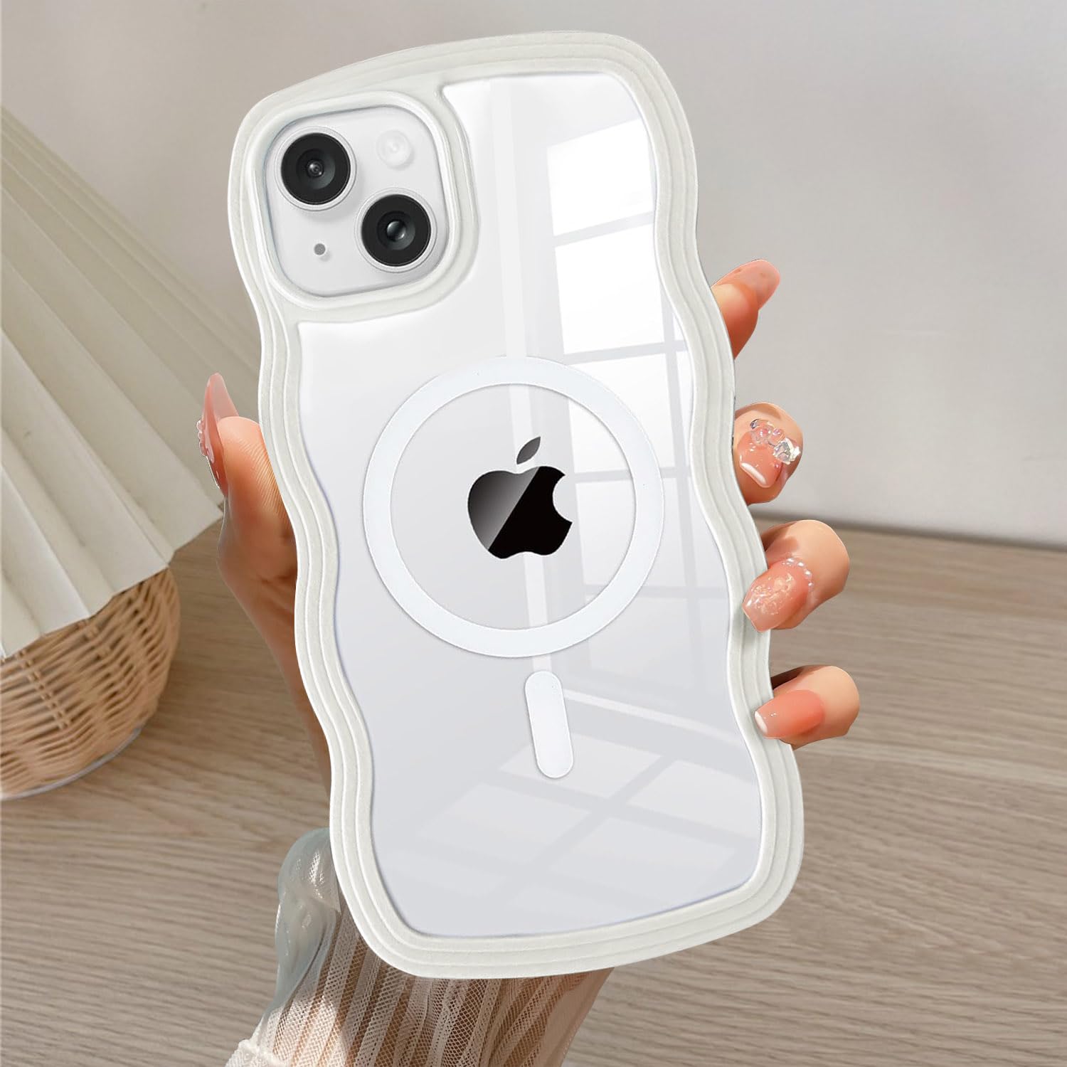 Protection iPhone 15 transparente esthétique cadre vague blanc - 8