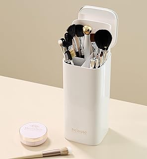 MH - Caja de almacenamiento para brochas de maquillaje, color blanco y beige