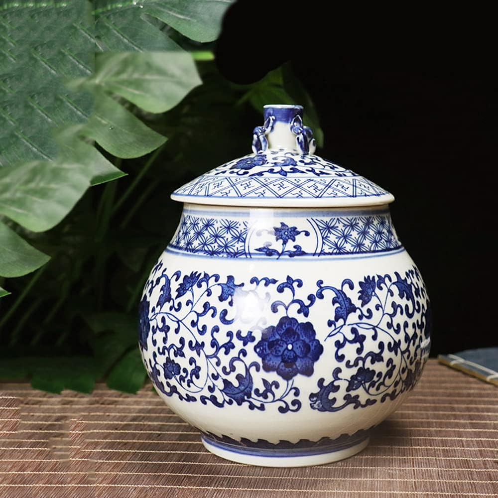 Porcelain Decorative Jar Print Vase Ginger Jar Centerpiece Decor Blue and White Porcelain Chinese Medicinal Materials Cans Storage Cans Sugar Bowls Tea Cans Can Hold About 1.5kg of Sugar